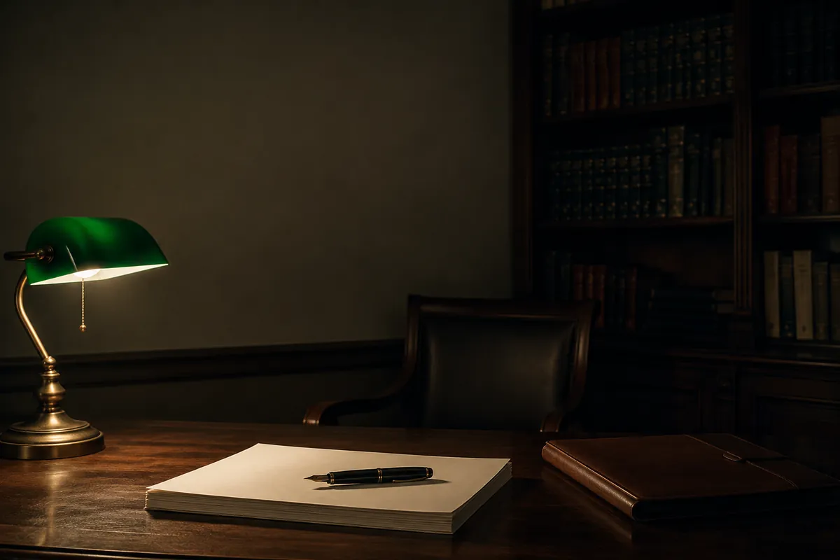 A solicitor's desk at the end of the day: squared papers, a fountain pen and a banker's lamp lit over an empty chair.