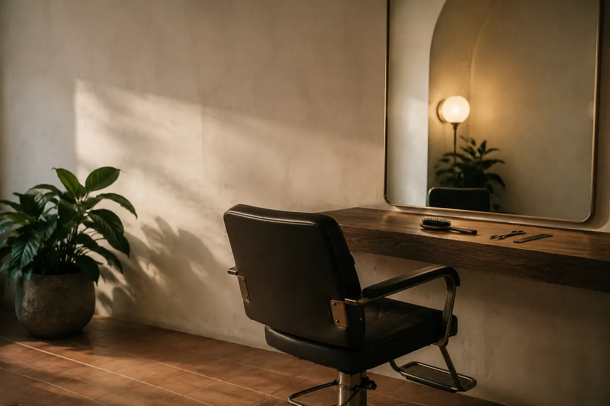 A single empty styling chair in a salon after closing, tools tidied away on the station and one lamp still lit.