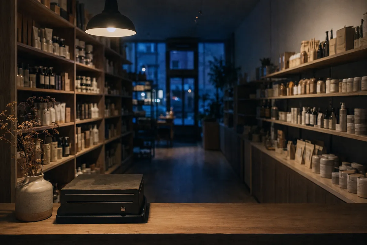 The inside of a small independent shop after closing, stocked shelves receding into the dark and the till shut on the counter.