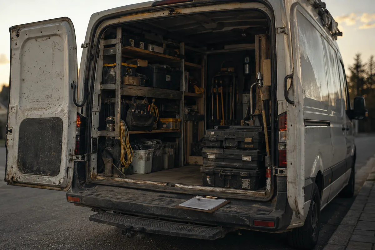 The open rear doors of a tradesperson's work van parked on a suburban street at dusk, tools stowed and a clipboard on the tailgate.